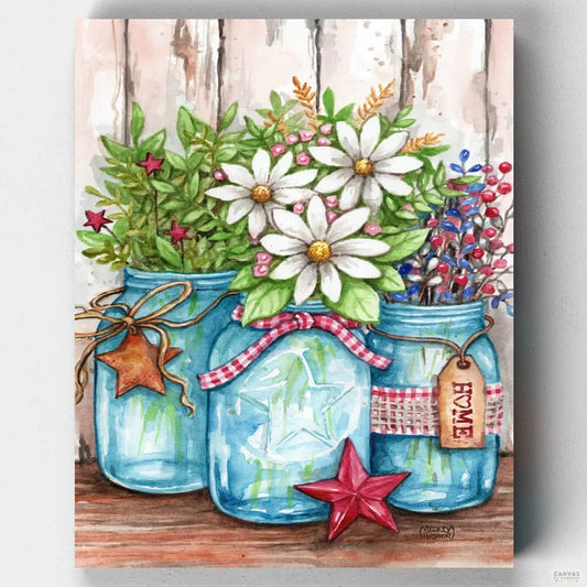 Patriotic Jars of Flowers and Stars-Paint by Numbers for Adults-Canvas by Numbers