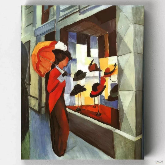 Woman with Umbrella in Front of a Hat Shop (1914)-Paint by Numbers-16"x20" (40x50cm) No Frame-Canvas by Numbers US