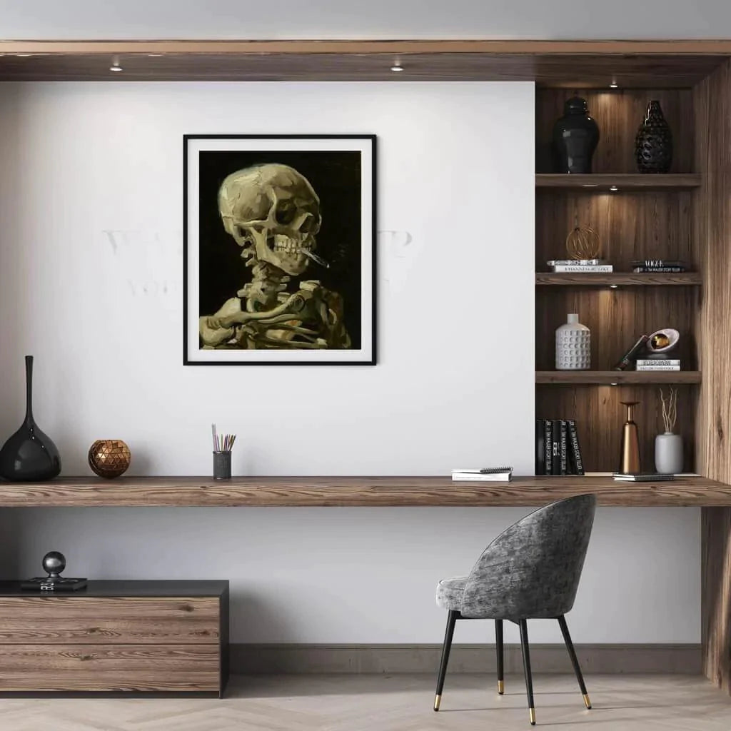 The Van Gogh skull painting hanging on the wall above a desk.