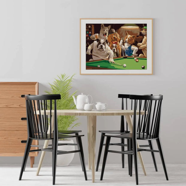 Dogs Playing Pool picture on a dinning room wall