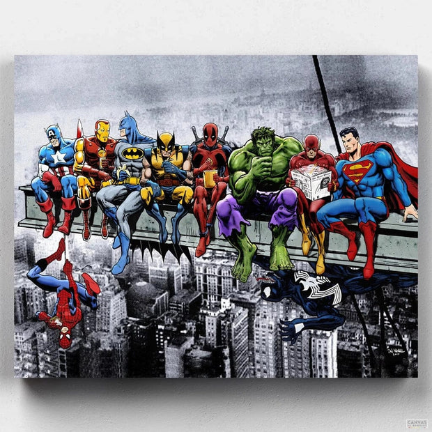 Superheroes Lunch Atop A Skyscraper