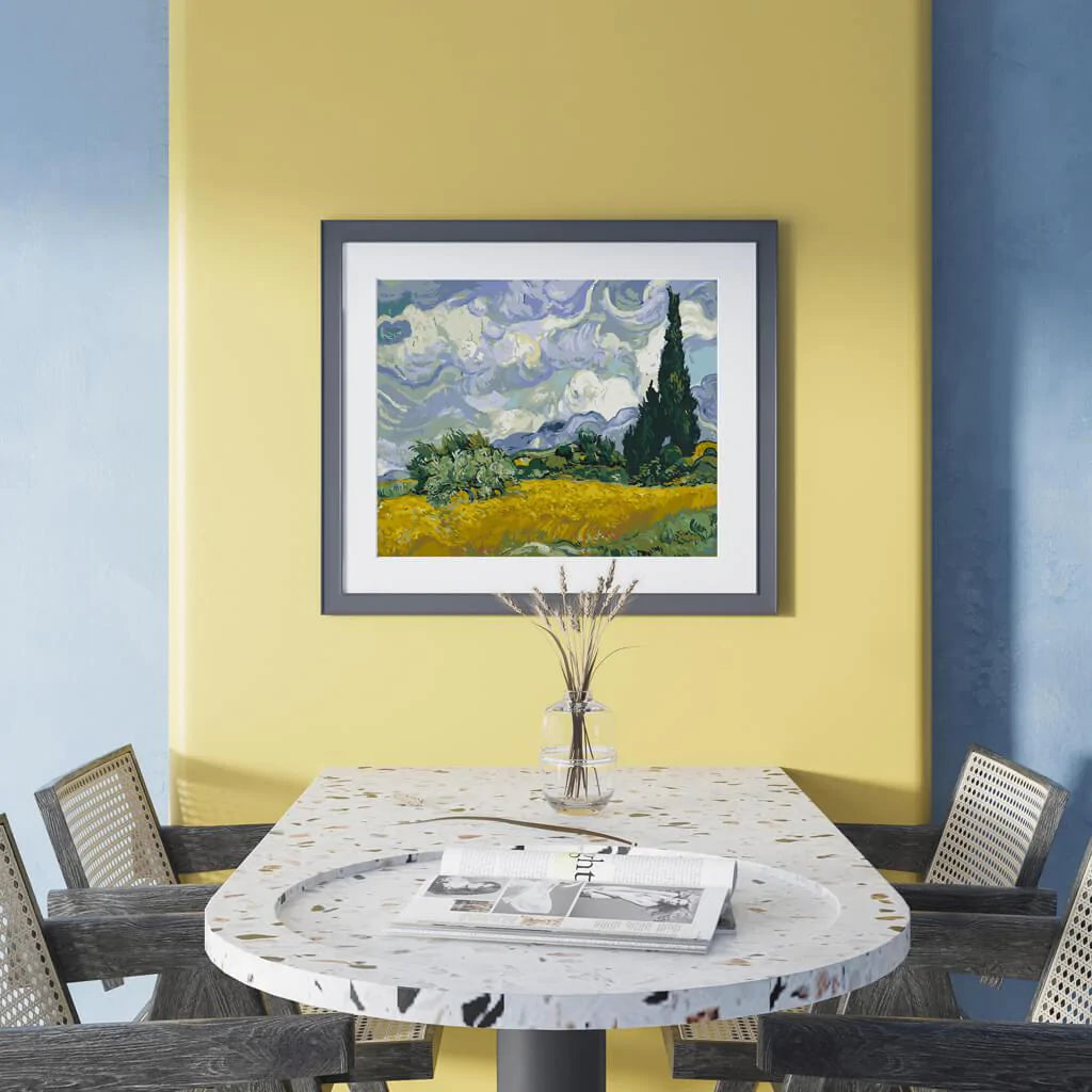 Van Gogh’s Wheat Field with Cypress paint by numbers hanging in a dinning room